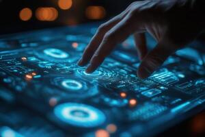 Futuristic hand interacting with a glowing digital interface in a tech-focused setting photo