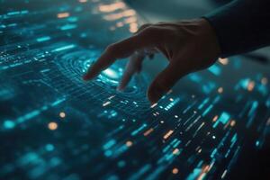 Futuristic hand interacting with a glowing digital interface, showcasing advanced technology photo