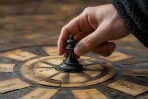 Hand placing a chess piece on a vintage board surrounded by faded labels and textures photo