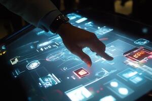 Futuristic hand interacting with a high-tech touchscreen display in a busy urban environment photo