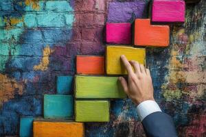 Hand Reaching for Colorful Blocks on a Vibrant Wall, Symbolizing Growth and Creativity photo