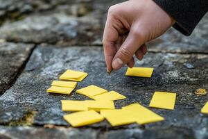 Hand placing yellow sticky notes on a stone surface, surrounded by nature and greenery photo