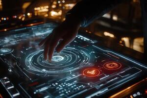 Futuristic hand interacting with a holographic interface in a modern urban setting at night photo