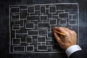 Hand drawing a complex flowchart on a chalkboard in an office setting, illustrating ideas photo