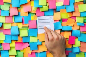 Hand reaching for a blank note amidst a colorful array of sticky notes on a wall photo