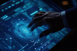 Futuristic interface interaction with a hand on a glowing digital touchscreen display photo