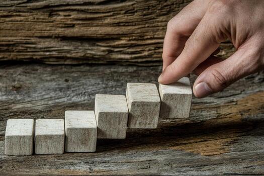 Hand arranging wooden blocks in a step formation on a rustic wooden surface photo