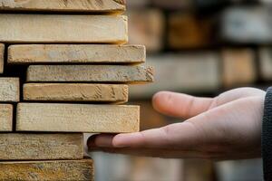 Hand reaching towards a stack of wooden planks in a workshop, showcasing craftsmanship photo