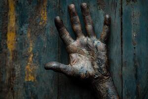 Hand sculpture embedded in a rustic wooden wall, showcasing intricate details and textures photo