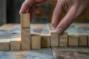 Hand arranging wooden blocks to create a bar graph on a rustic table in a cozy workshop photo