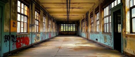 Abandoned building hallway, graffiti, decay, windows, urban exploration photo