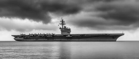 Aircraft carrier at sea, stormy sky photo