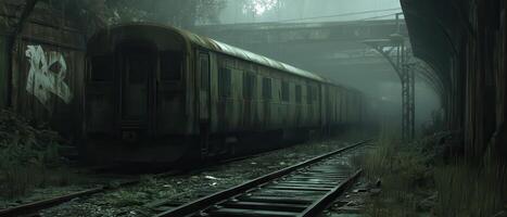Abandoned train, foggy tunnel, graffiti, overgrown tracks photo
