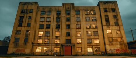 Abandoned building night, urban decay, graffiti photo