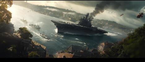 Aircraft carrier city harbor arrival photo