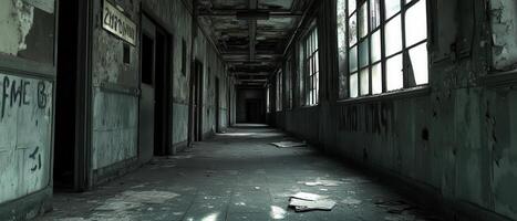 Abandoned building hallway, decaying interior, sunlight, dark photo
