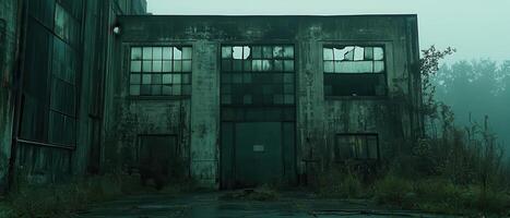 Abandoned factory, foggy morning, overgrown photo