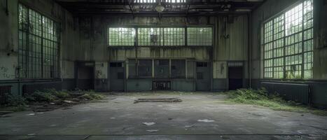 Abandoned factory interior, overgrown, daylight photo