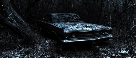 Abandoned Classic Car in Dark Woods photo