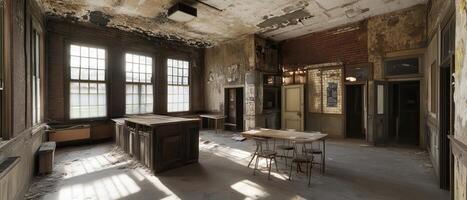 Abandoned classroom sunlight ruin decay photo