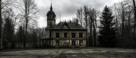 Abandoned Mansion, Forest Setting, Overcast Day photo