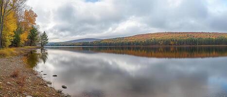 Autumn lake, fall foliage reflection, cloudy sky, tranquil scene, nature wallpaper photo