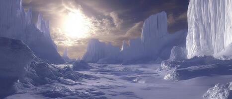 Arctic Ice Landscape Sunlit Glacier, Cloudy Sky photo
