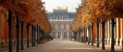 Autumn Palace Courtyard Golden trees line a path to a grand building photo