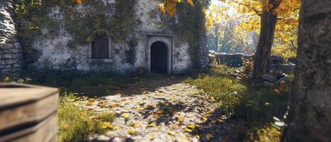 Autumn path to stone house, forest background photo