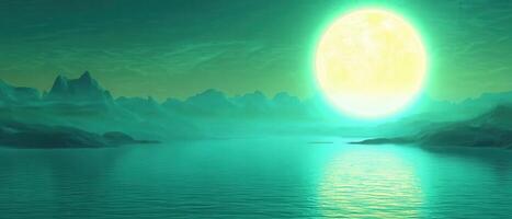 Alien moonset over teal lake, mountains photo