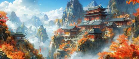 Autumn Temple on Misty Mountaintop photo