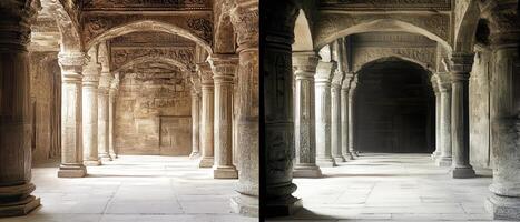 Ancient stone hallway, arched columns, sunlight, background texture, design photo