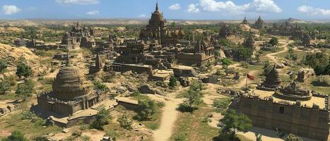 Ancient Asian temples, aerial view, sunny day, background landscape photo