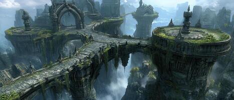 Ancient stone bridges connect sky islands, misty background, game asset photo