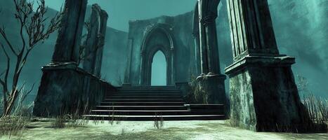 Ancient ruins stairs leading to archway, desolate background photo