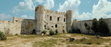 Ancient stone castle courtyard, sunny day photo