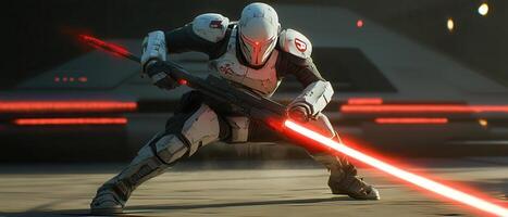Armored warrior, red lightsaber, futuristic setting, vehicle background, game asset photo