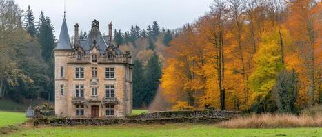 Autumn Chateau, forest backdrop, field photo