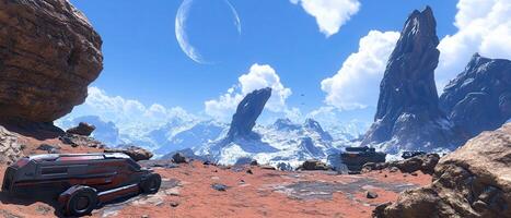 Alien planet rover, rocky terrain, game background photo