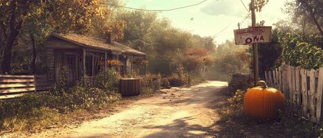 Autumn lane, rustic houses, pumpkin, fall photo