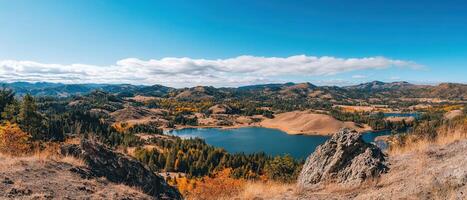 Autumn lake vista Hilltop view, scenic valley photo