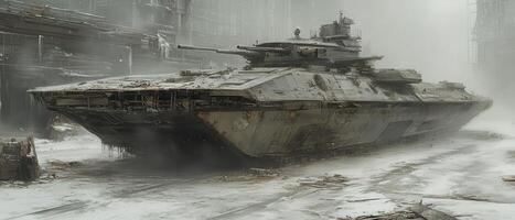 Armored vehicle, snowy ruins, post-apocalyptic scene, game asset photo