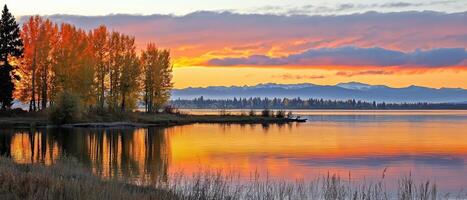 Autumn lake sunset, island trees reflect photo
