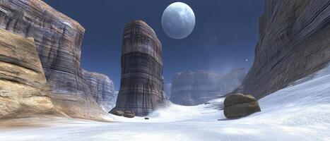 Alien canyon snowscape, large moon, game background photo