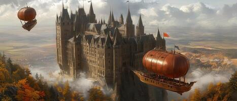 Airships near autumn castle, fantasy landscape photo
