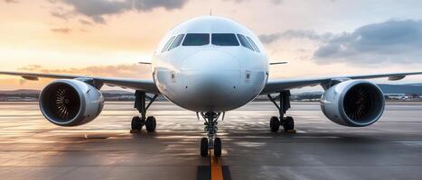 Airplane sunset tarmac arrival travel photo