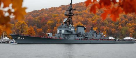 Autumn Ship Destroyer at River, Fall Foliage photo