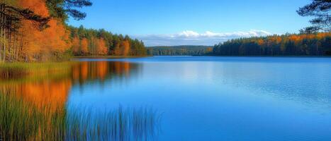 Autumn lake reflection, tranquil scene, fall foliage backdrop, nature calendar photo