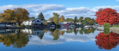 Autumn canal houses, reflection, fall foliage photo