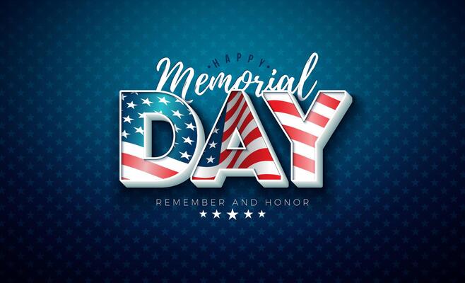 Memorial Day of the USA Illustration with American Flag in 3d Text Label on Blue Background. National Veteran Patriotic Celebration Design with Typography Lettering for Banner, Postcard, Flyer